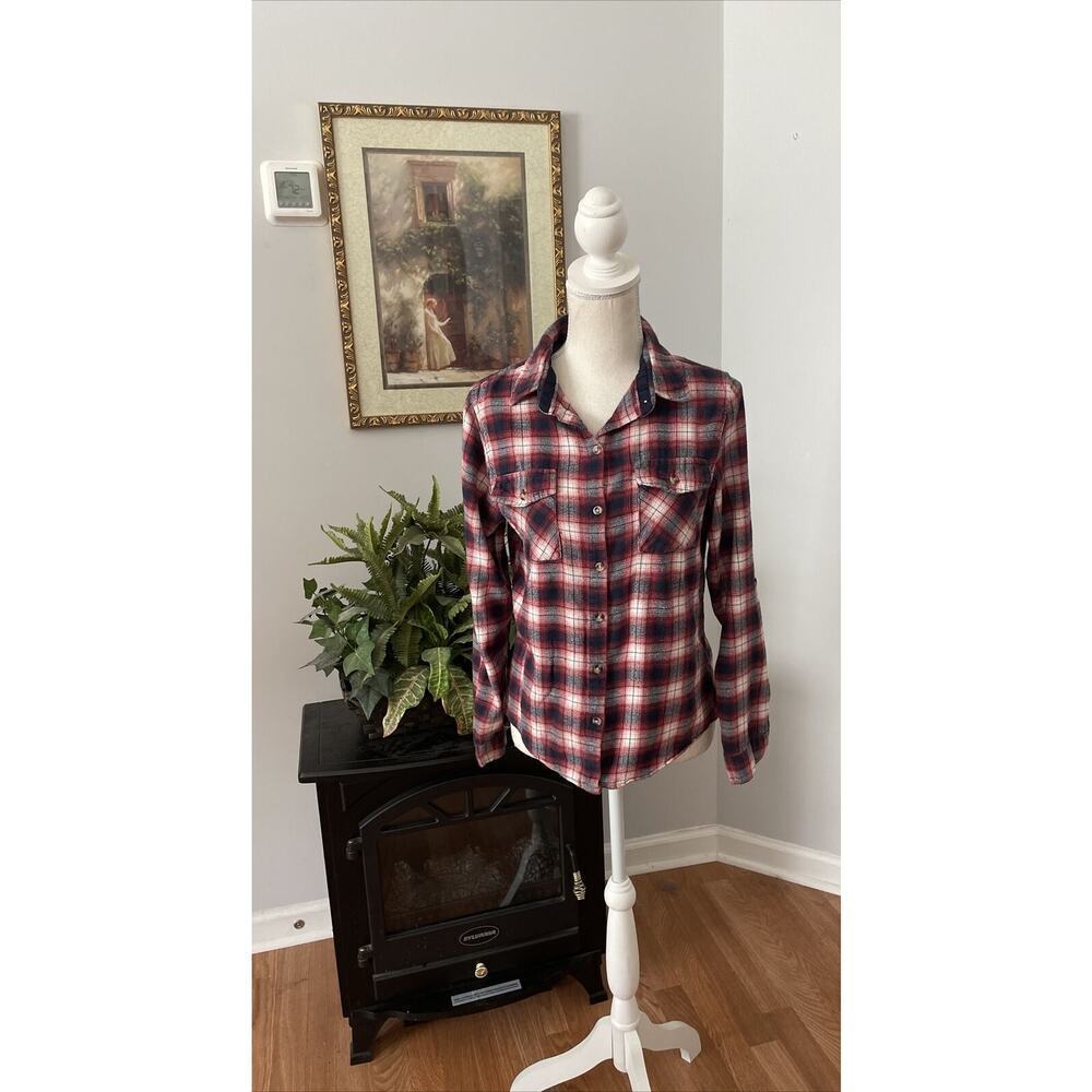 Love Notes Women 3/4‎ Tab Roll Sleeve Blouse L Plaid Button Down Collared Pocket